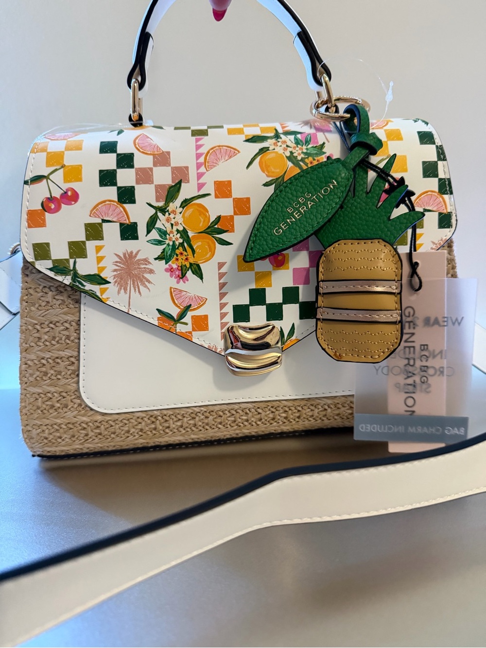 BCBGeneration White Multicolor Tropical Straw-Trim Satchel with Pineapple Charm - Picture 2 of 4
